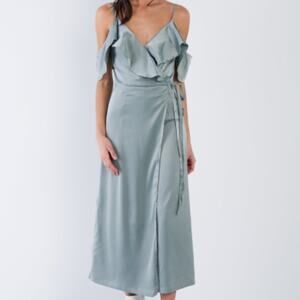 Satin Sage Green Off-The-Shoulder Mock Wrap Chic Jumpsuit